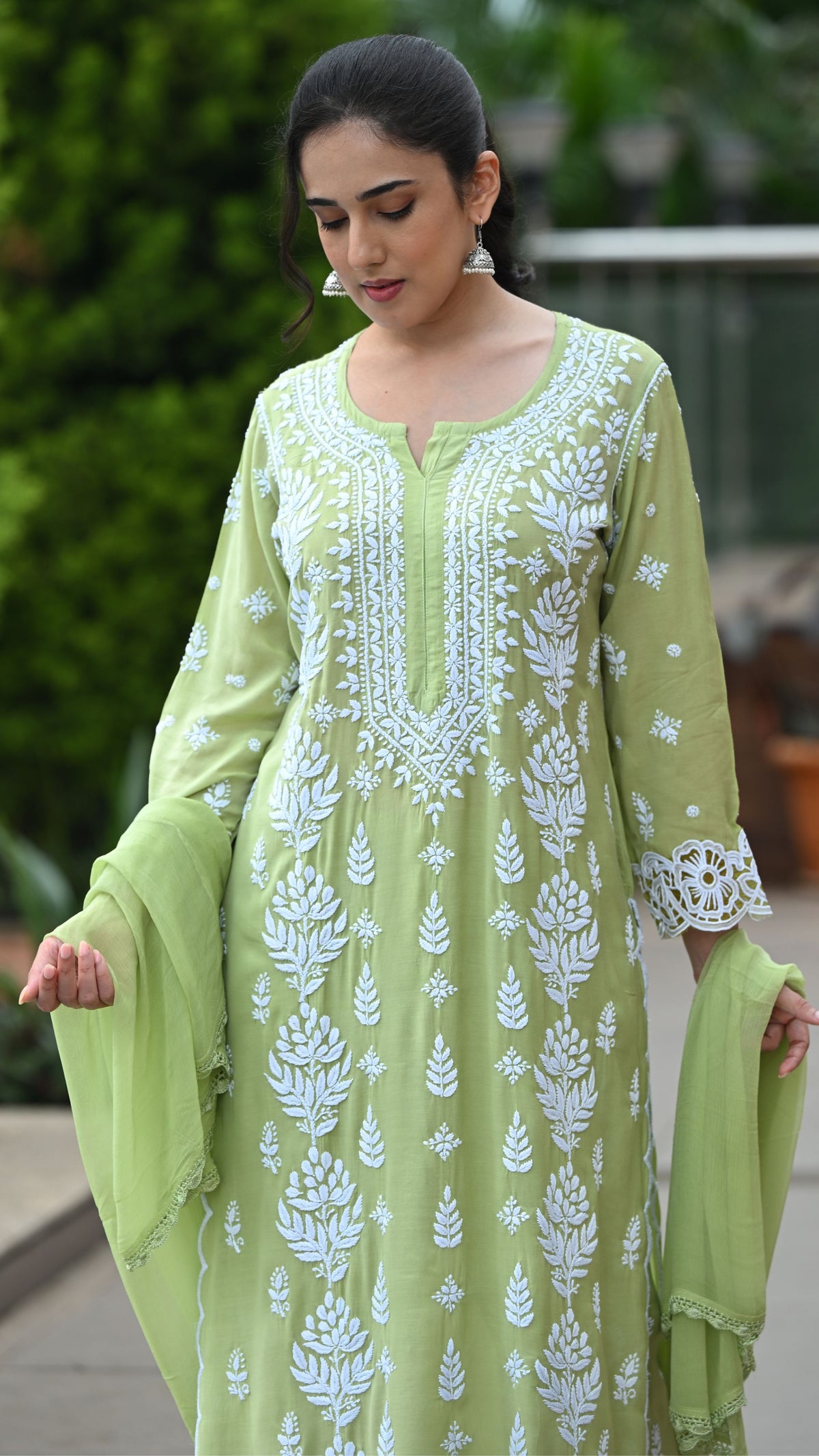 Zeenat Chikankari Lace Cutwork Pure Muslin Kurta Set with Dupatta 3-Pc Set - Pista Green