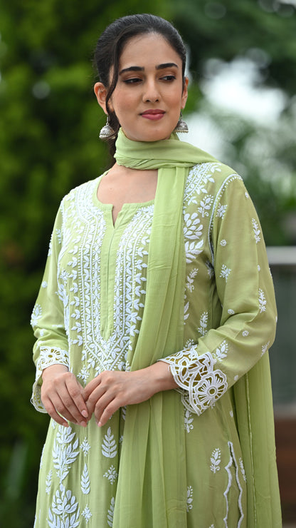 Zeenat Chikankari Lace Cutwork Pure Muslin Kurta Set with Dupatta 3-Pc Set - Pista Green