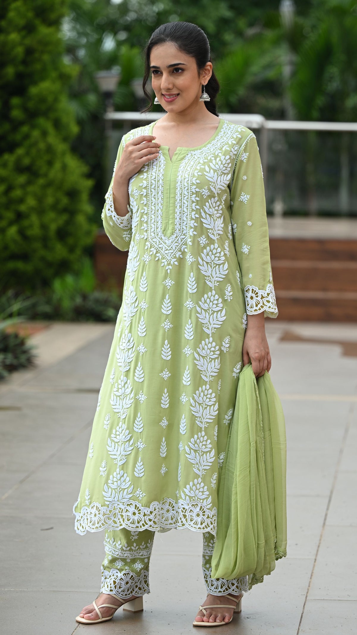 Zeenat Chikankari Lace Cutwork Pure Muslin Kurta Set with Dupatta 3-Pc Set - Pista Green