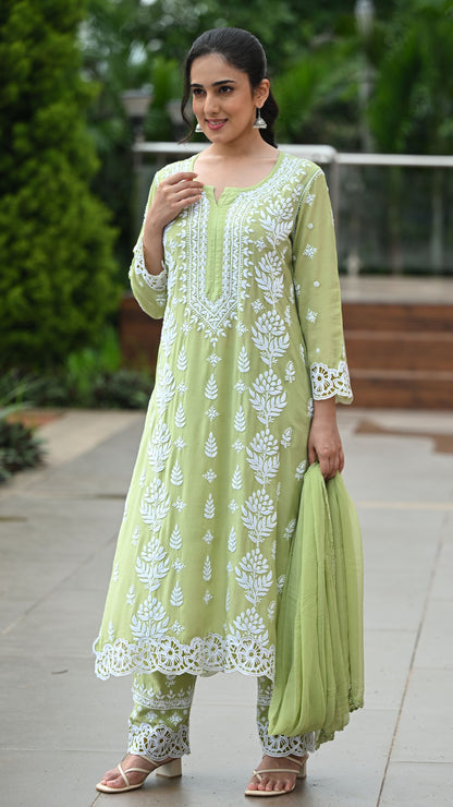 Zeenat Chikankari Lace Cutwork Pure Muslin Kurta Set with Dupatta 3-Pc Set - Pista Green