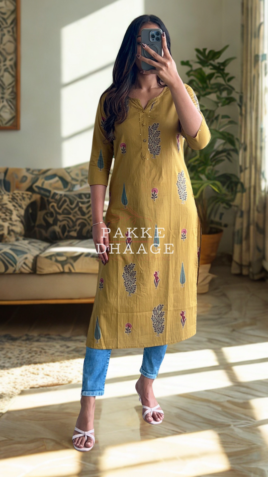Maya Pure Cotton Jaipuri Printed Kurti Mustard Elegance