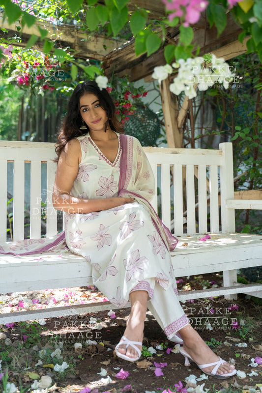 Soft Ivory with Lavender Whispers Pure Cotton Suit Set