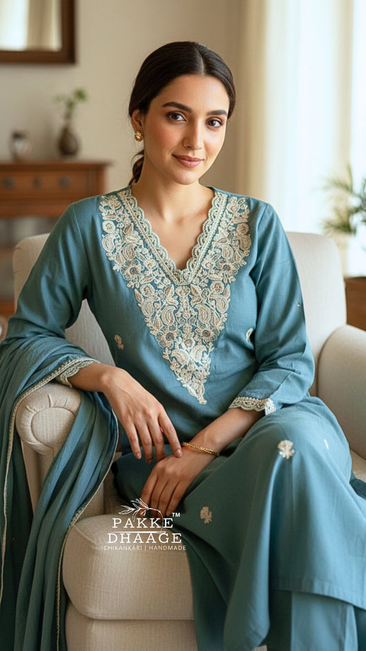 Avni Embroidered Pure Cotton Sets Aqua Splash