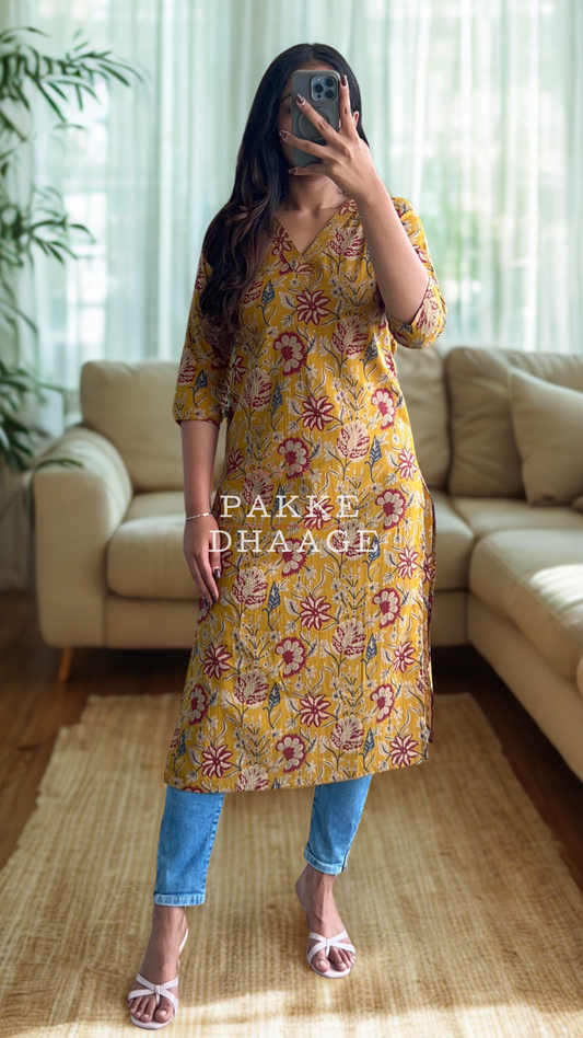 Maya Pure Cotton Jaipuri Printed Kurti Mustard