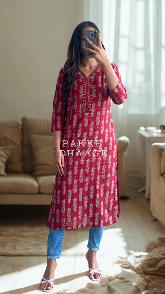 Maya Pure Cotton Jaipuri Printed Kurti Sindoori Red