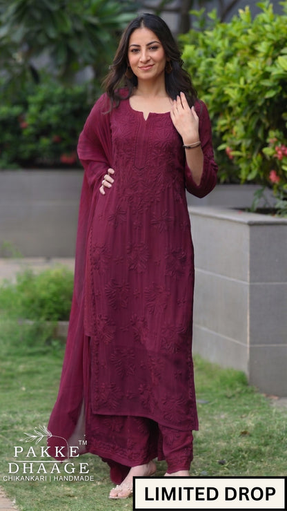 Aayat Pure Viscose Chikankari Sets with 3D Work - Dark Mulberry