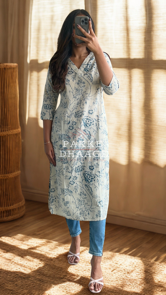 Maya Pure Cotton Jaipuri Printed Kurti Blue Bloom