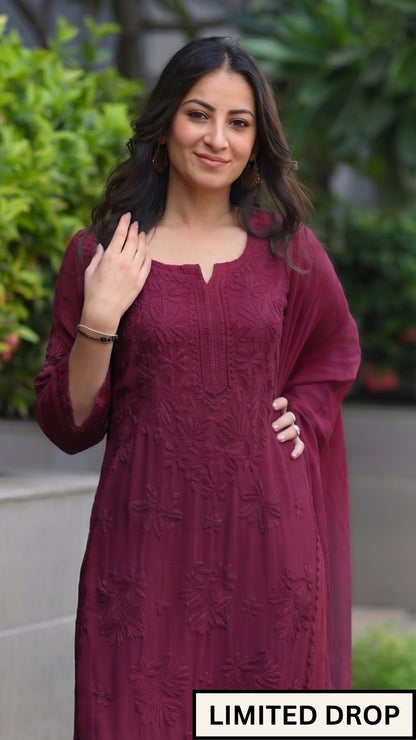 Aayat Pure Viscose Chikankari Sets with 3D Work - Dark Mulberry