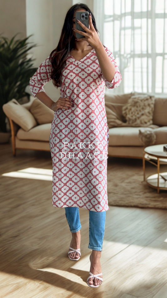 Maya Pure Cotton Jaipuri Printed Kurti Rose Pink
