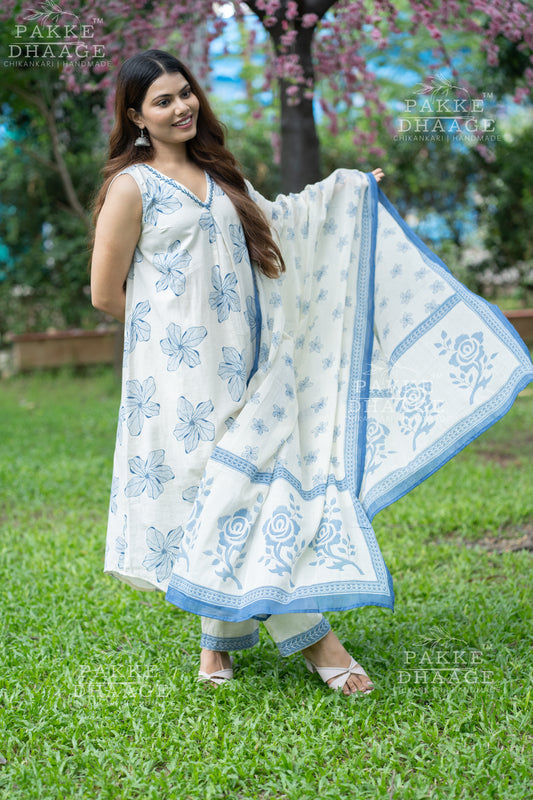 Soft Ivory with Blue Whispers Pure Cotton Suit Set