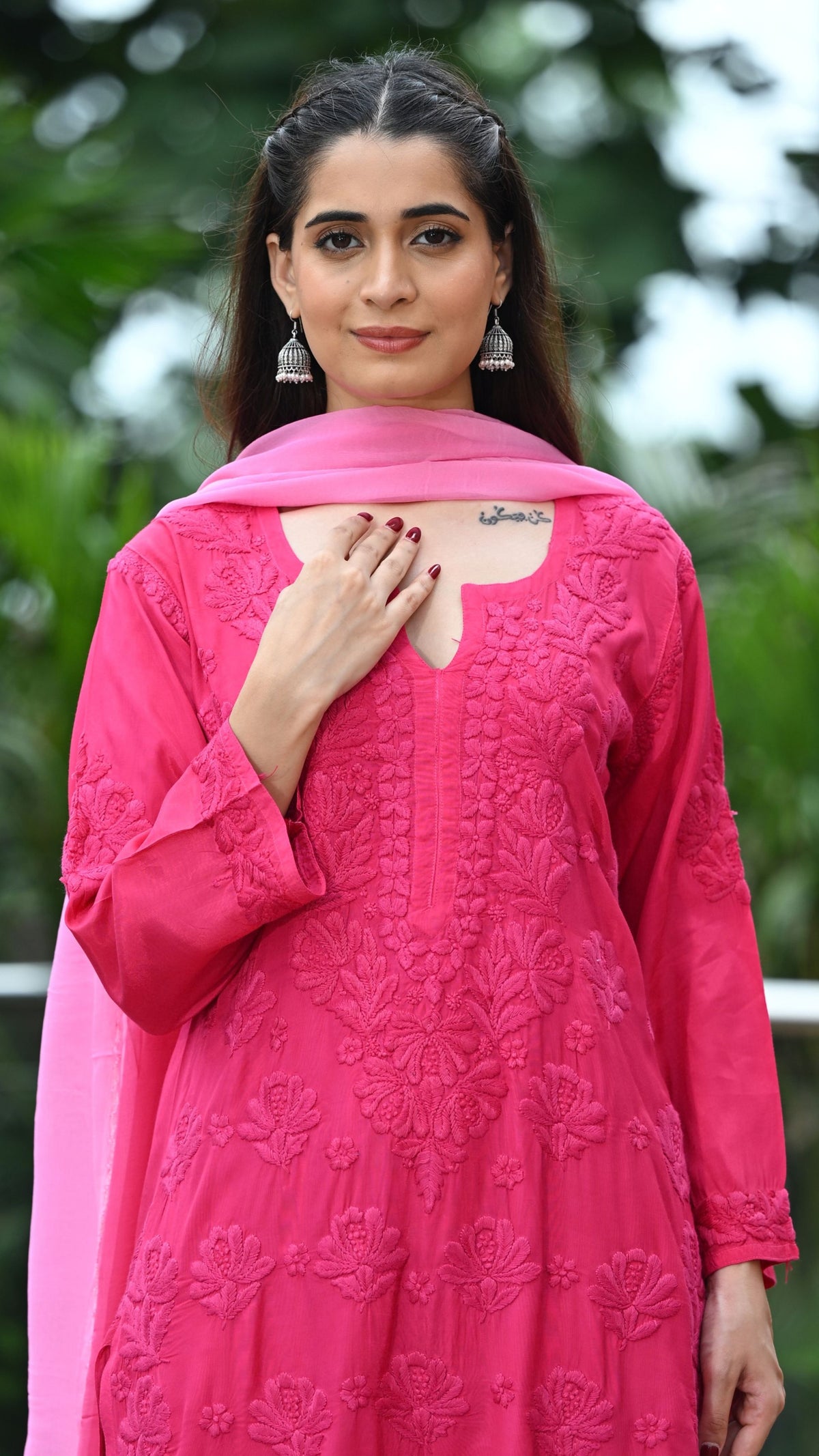 Gulnar Pure Muslin Chikankari Sets with Ombre Dupatta 3-pc Set - Persian Rose