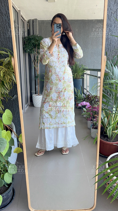 Sana Printed Pure Mulmul Kurta - Shadow Lime