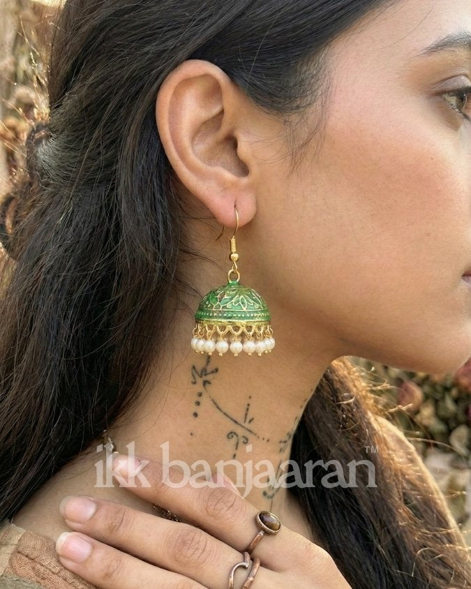 Handpainted Meenakari Jhumkas Monsoon Green