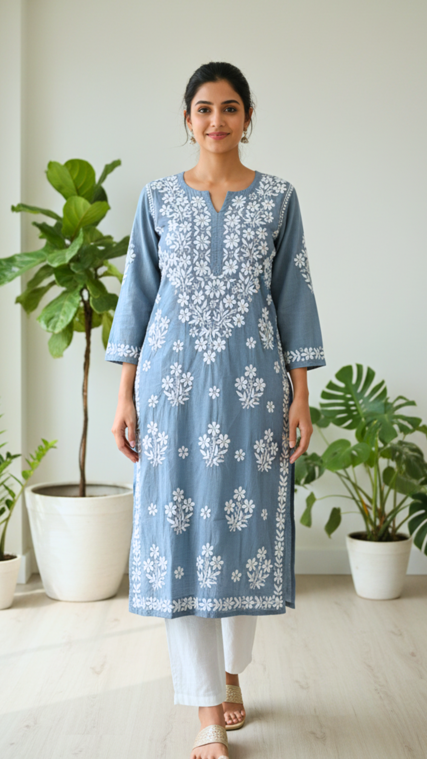 Dapper Denims Chikankari Long Kurti - Powder Blue