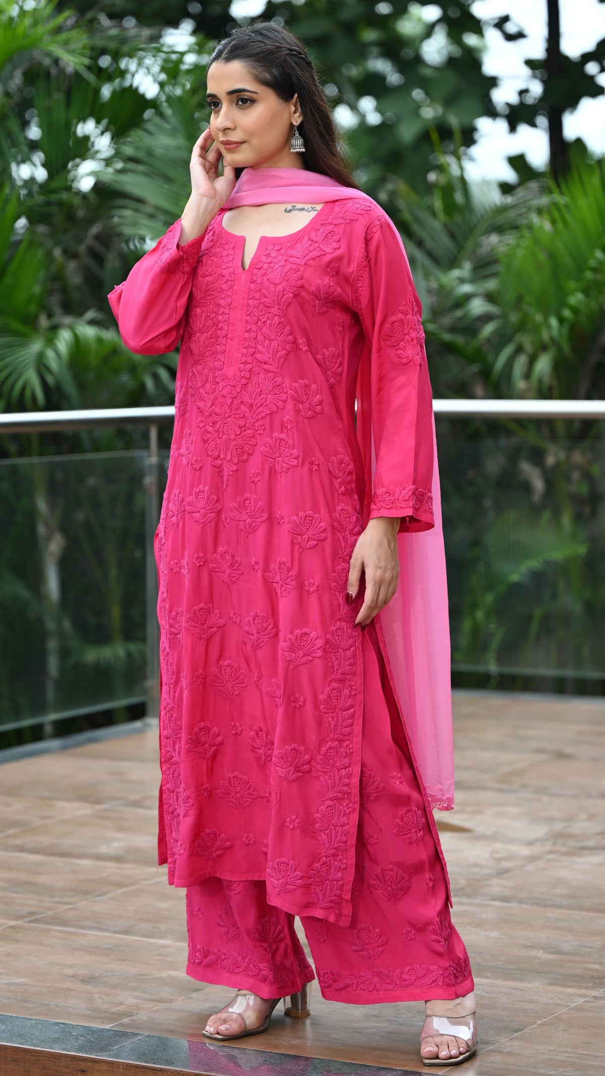 Gulnar Pure Muslin Chikankari Sets with Ombre Dupatta 3-pc Set - Persian Rose