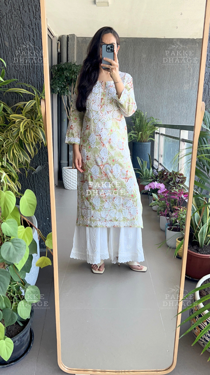 Sana Printed Pure Mulmul Kurta - Shadow Lime