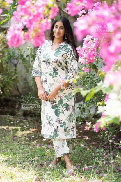Ivory with Sage Floral Print Pure Cotton Flex Suit Set