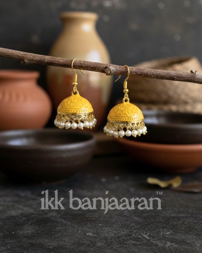 Handpainted Meenakari Jhumkas Gold