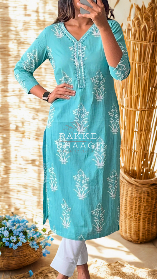 Maya Pure Cotton Jaipuri Printed Kurti Aqua Sky