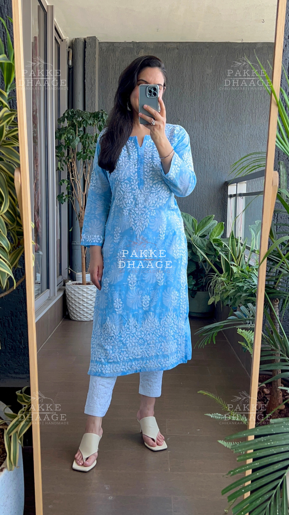Gulnar Printed Mulmul Kurta - Blue Sky