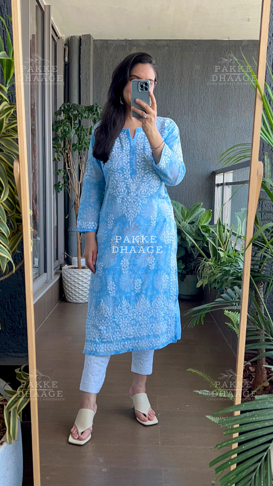 Gulnar Printed Mulmul Kurta - Blue Sky