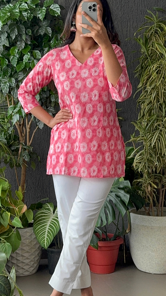 Print Poetry Pure Cotton Short Kurtis - Pink