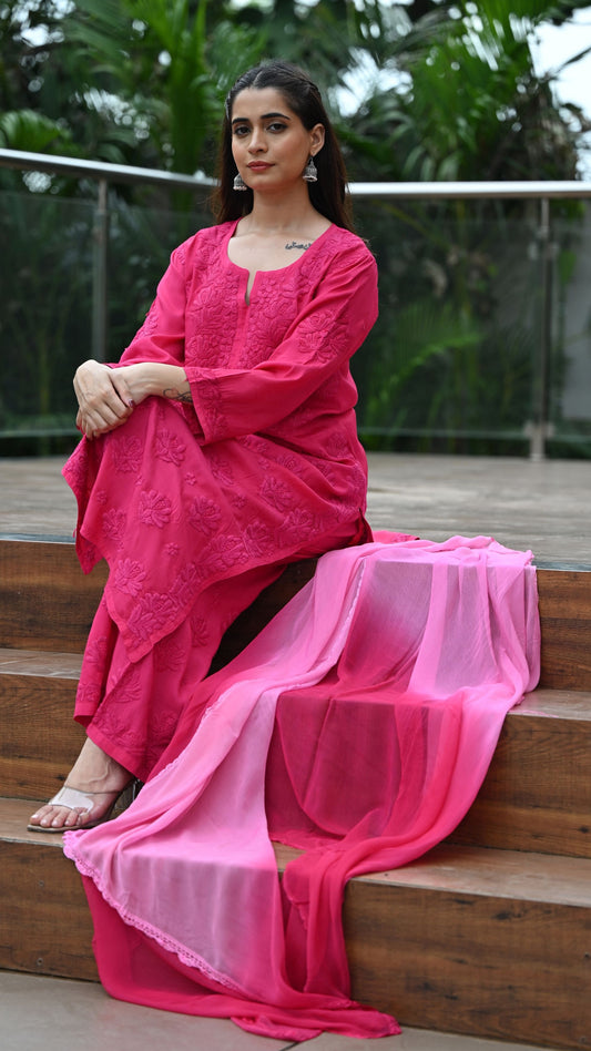 Gulnar Pure Muslin Chikankari Sets with Ombre Dupatta 3-pc Set - Persian Rose