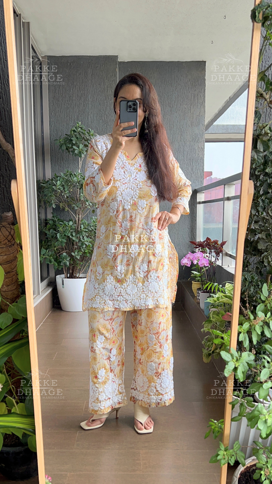 Adah Pure Mulmul Kurta Palazzo 2PC Sets - Golden Yellow