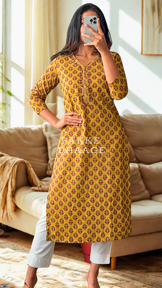 Maya Pure Cotton Jaipuri Printed Kurti Mustard Bloom