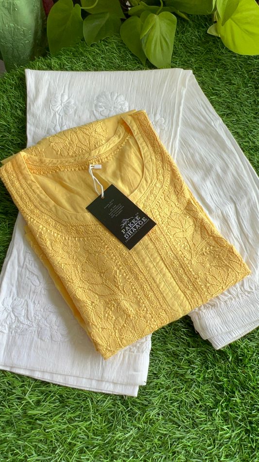 Zarah Pure Mulmul Chikankari Kurta - Yellow