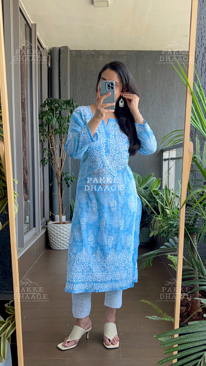 Gulnar Printed Mulmul Kurta - Blue Sky