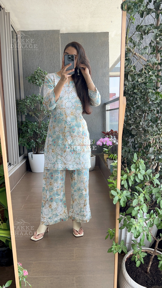 Adah Pure Mulmul Kurta Palazzo 2PC Set - Crystal Blue