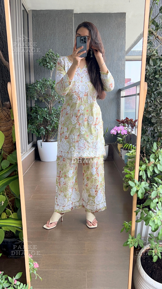 Adah Pure Mulmul Kurta Palazzo 2PC Sets - Shadow Lime