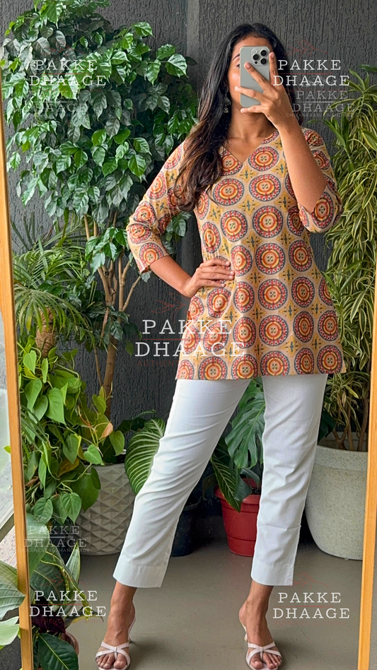 Print Poetry Pure Cotton Short Kurtis - Floral Beige