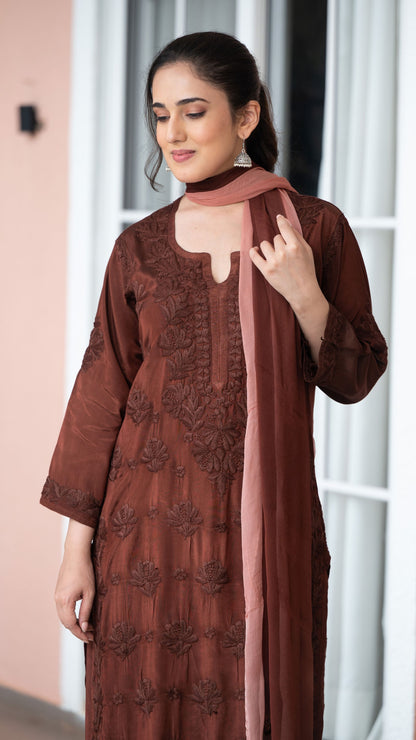 Gulnar Pure Muslin Chikankari Sets with Ombre Dupatta 3-Pc Set - Mocha Blush