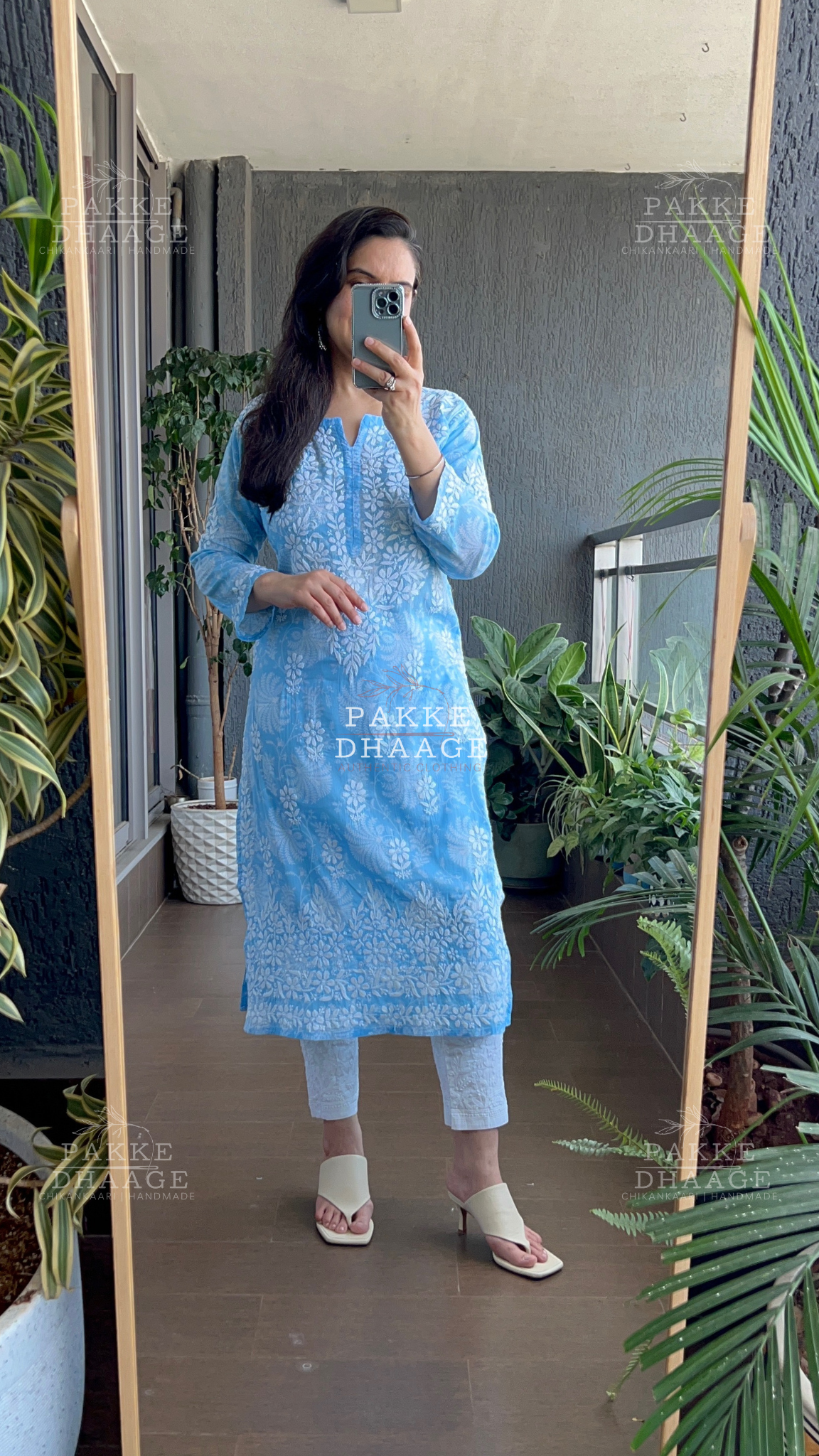 Gulnar Printed Mulmul Kurta - Blue Sky