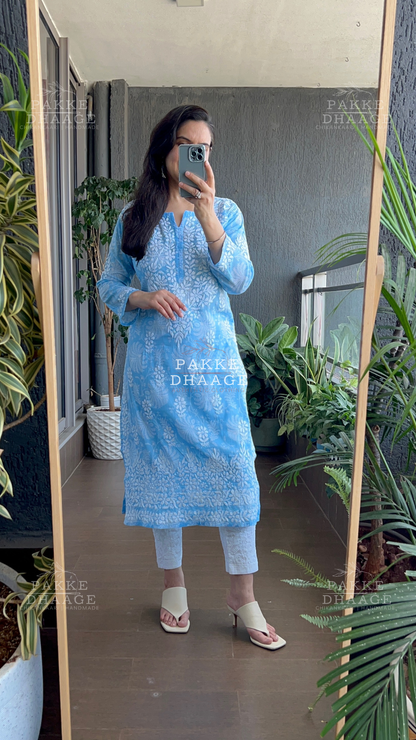 Gulnar Printed Mulmul Kurta - Blue Sky