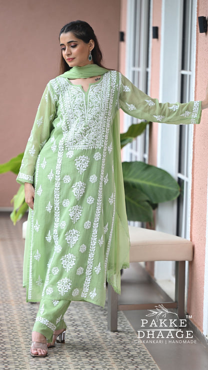 Aleena Pure Kota Doria Chikankari Kurta and Kurta Sets - Celadon green