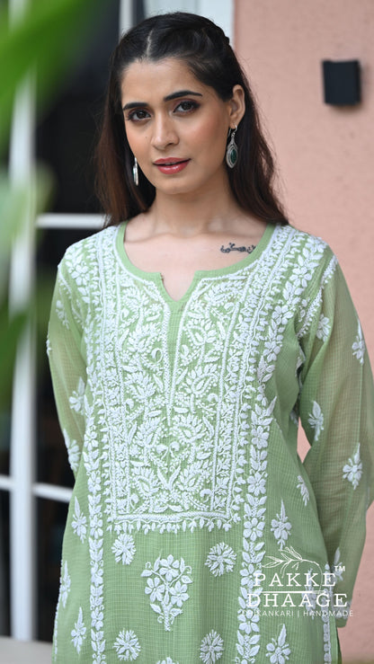 Aleena Pure Kota Doria Chikankari Kurta and Kurta Sets - Celadon green