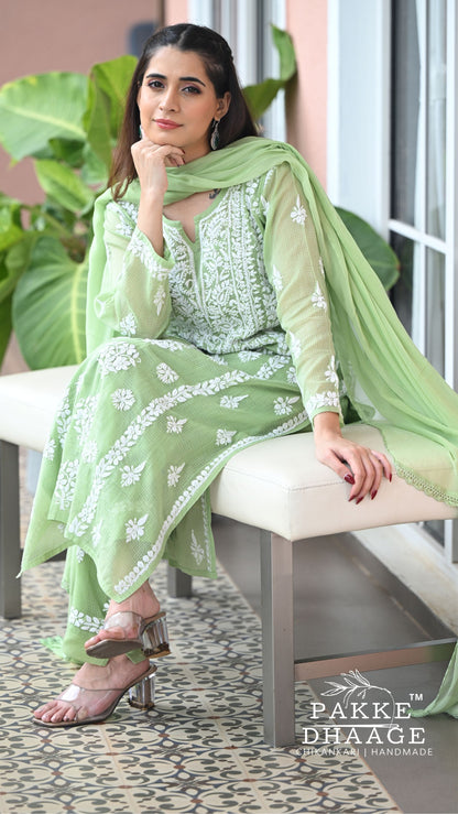 Aleena Pure Kota Doria Chikankari Kurta and Kurta Sets - Celadon green