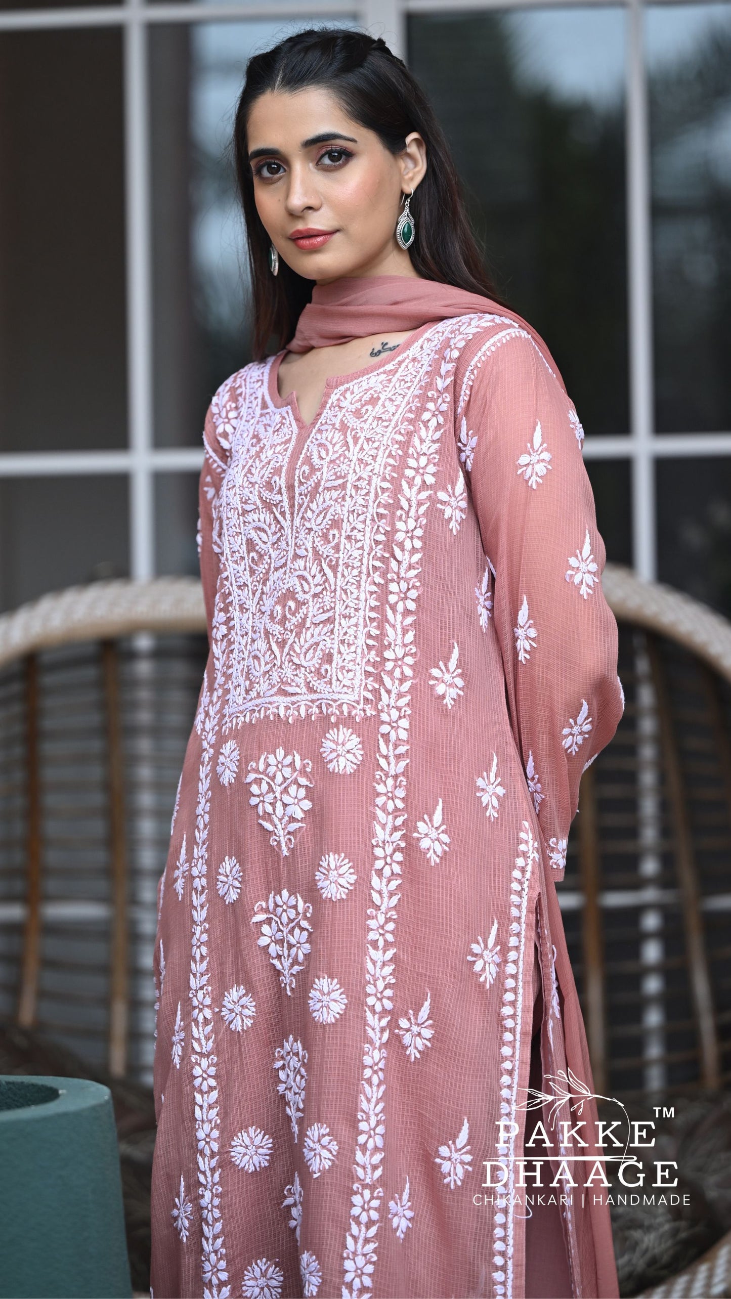 Aleena Pure Kota Doria Chikankari Kurta and Kurta Sets - Blush Brown