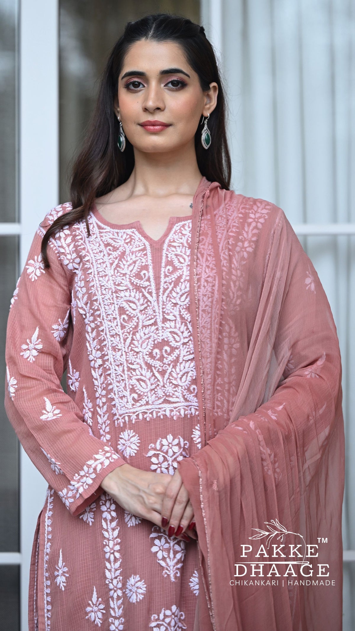 Aleena Pure Kota Doria Chikankari Kurta and Kurta Sets - Blush Brown