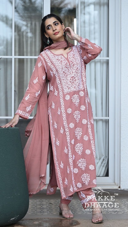 Aleena Pure Kota Doria Chikankari Kurta and Kurta Sets - Blush Brown