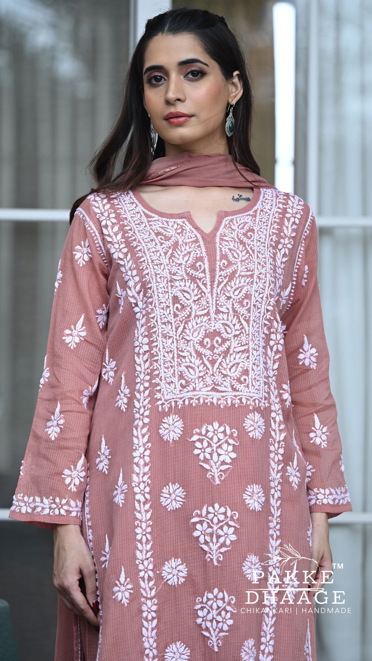 Aleena Pure Kota Doria Chikankari Kurta and Kurta Sets - Blush Brown