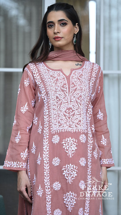 Aleena Pure Kota Doria Chikankari Kurta and Kurta Sets - Blush Brown