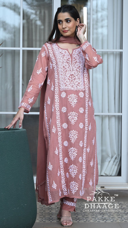 Aleena Pure Kota Doria Chikankari Kurta and Kurta Sets - Blush Brown