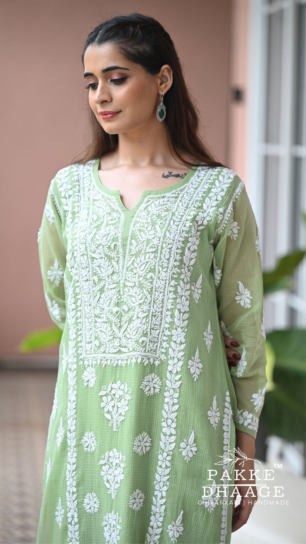Aleena Pure Kota Doria Chikankari Kurta and Kurta Sets - Celadon green