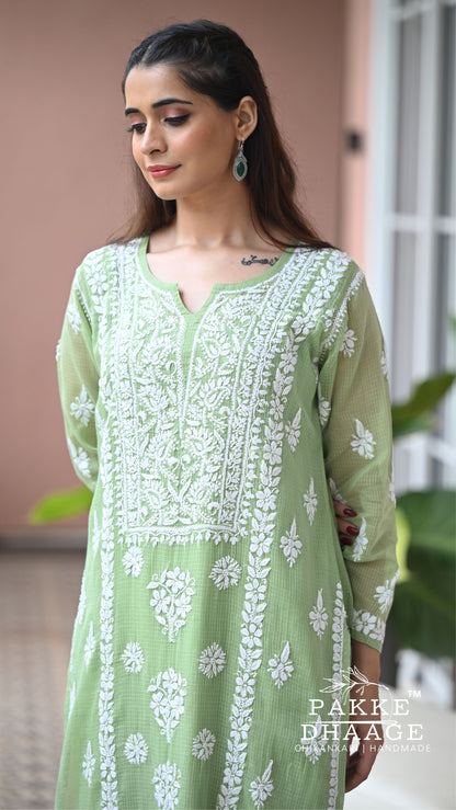 Aleena Pure Kota Doria Chikankari Kurta and Kurta Sets - Celadon green