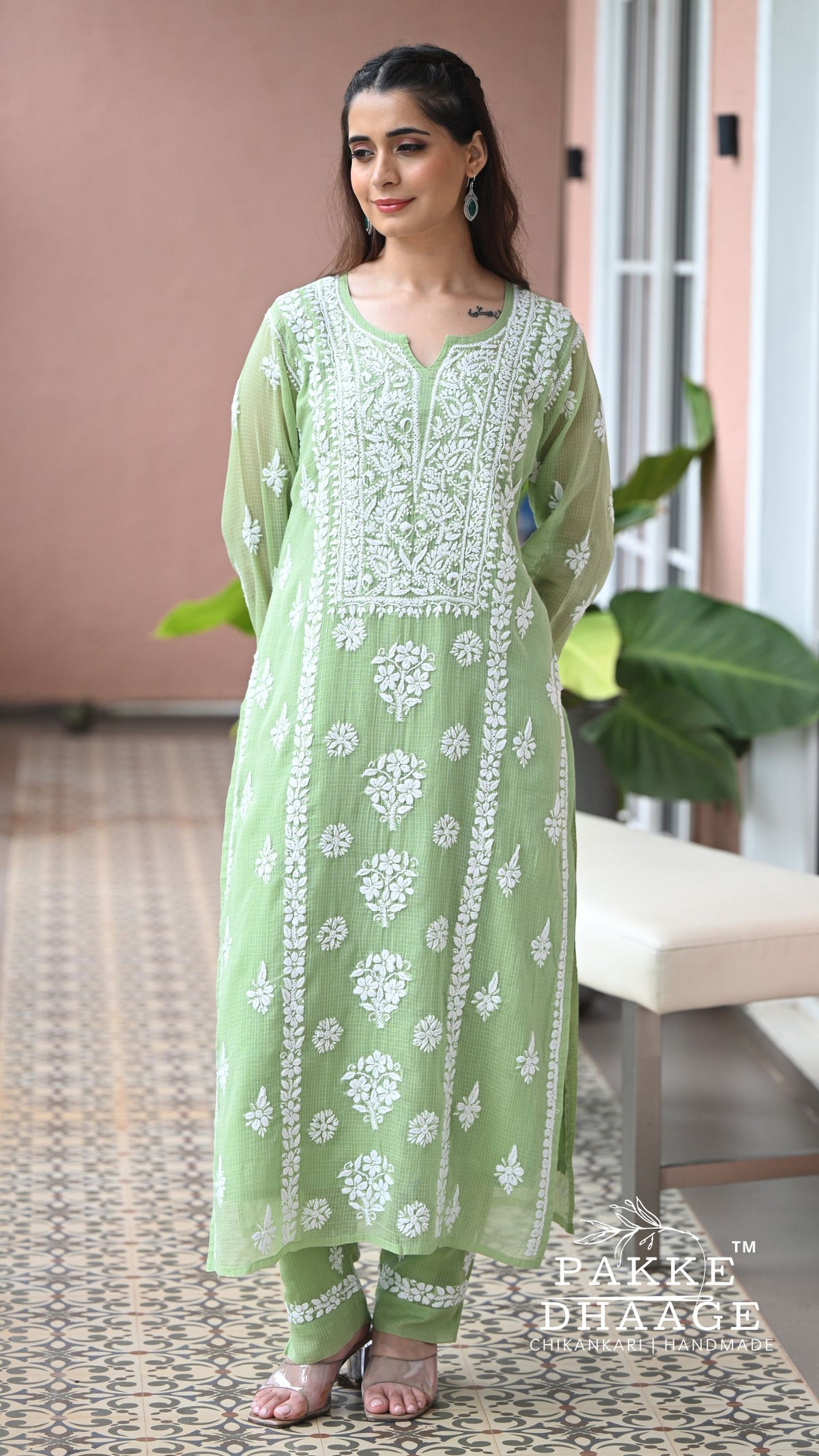 Aleena Pure Kota Doria Chikankari Kurta and Kurta Sets - Celadon green