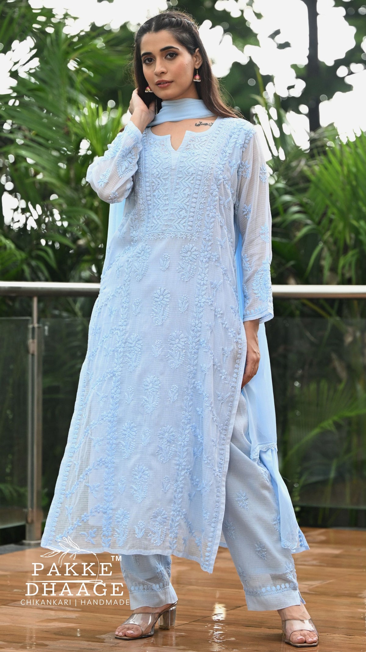 Amara Pure Kota Doria Chikankari Kurta & Kurta Sets - Powder Blue